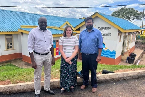 Photo caption: Colleague in Uganda (left) with UCLA's Dr. Jessica Pasqua (center) and Dr. Rajarshi Mazumder (right).